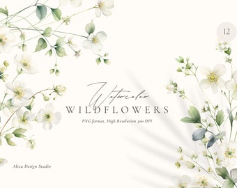 Aquarell Wildblumen Clipart: Blumenrand, Blumenstrauß & Rahmen (PNG Digital Download)
