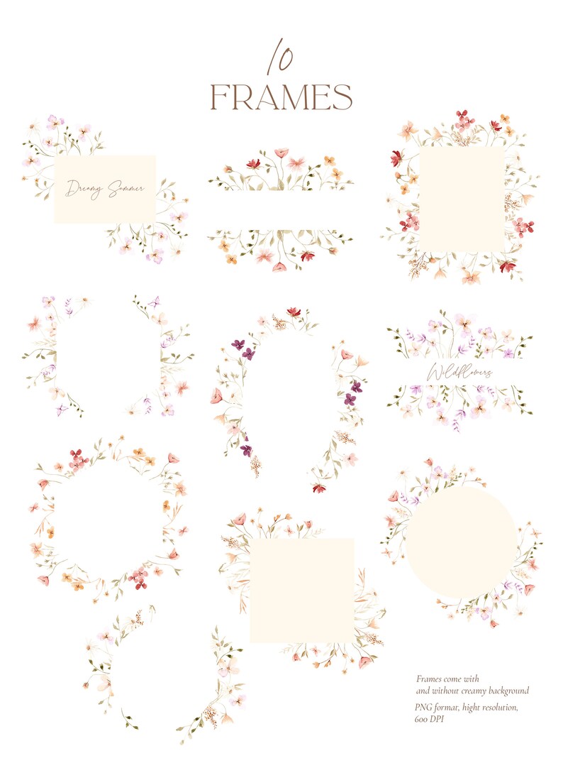 Puede incluir: Diez marcos florales de acuarela con un fondo cremoso. Los marcos presentan diferentes formas, incluyendo c&iacute;rculos, cuadrados y rect&aacute;ngulos. Las flores son en tonos de rosa, morado y naranja.
