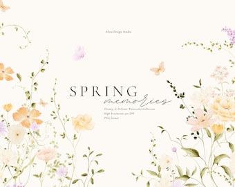 Puede incluir: Ilustración de acuarela de un arreglo floral con delicadas flores rosas, amarillas y blancas, hojas verdes y mariposas. El texto "SPRING memories" está escrito en letras negras.