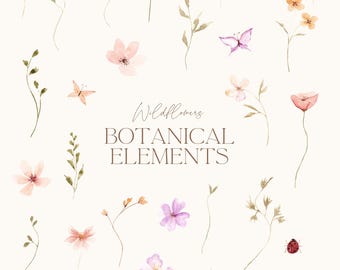 Watercolor Wildflower Clipart, Hand Painted Botanical Flowers, Delicate Floral Elements, Summer Garden Florals, Wedding Clip Art