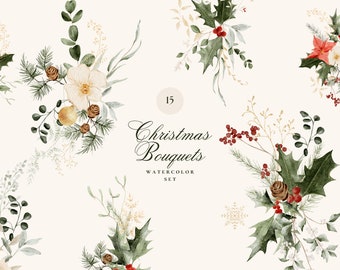 Watercolor Christmas Bouquets Clipart: Winter Greenery Set (Digital Download)