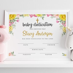 Certificado personalizado de dedicación de bebé, plantilla de certificado de bautismo, regalo de bautismo floral editable, dedicación de bautizo de bebé imprimible
