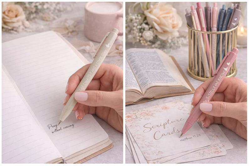 May include: Two retractable ballpoint pens in beige and dusty rose, each featuring a clip and white printed text. The beige pen reads Pray without ceasing, while the dusty rose pen displays the text Be still and know with small heart icons.