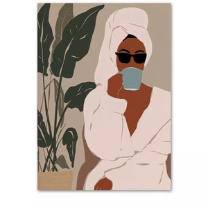 Black Woman Canvas Wall Art Decor, Afro wall prints, black artist, Black girl Art, black woman drinking tea, Gift ideas,Black Girl Christmas