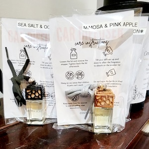May include: Car air fresheners in clear bottles with black and silver cords, packaged in clear plastic. The labels read "Sea Salt & Ocean" and "Mimosa & Pink Apple." Each package includes care instructions.
