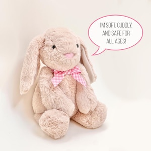 May include: A soft, cuddly, beige plush bunny with pink gingham ribbon around its neck. The bunny is sitting on a white background and has a speech bubble above it that says "I'm soft, cuddly, and safe for all ages!"
