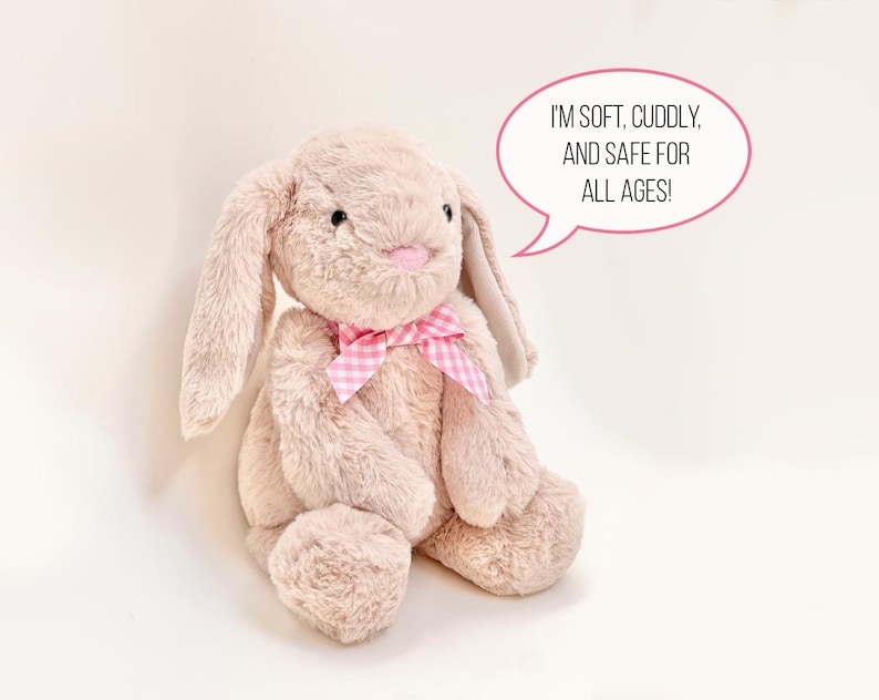 May include: A soft, cuddly, beige plush bunny with pink gingham ribbon around its neck. The bunny is sitting on a white background and has a speech bubble above it that says "I'm soft, cuddly, and safe for all ages!"