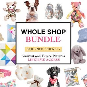Puede incluir: Una variedad de artículos hechos a mano, incluyendo animales de peluche, un perro con pajarita, zapatos de bebé, un sombrero de pescador y un collar para perro. La imagen también presenta el texto "WHOLE SHOP BUNDLE" y "BEGINNER FRIENDLY".
