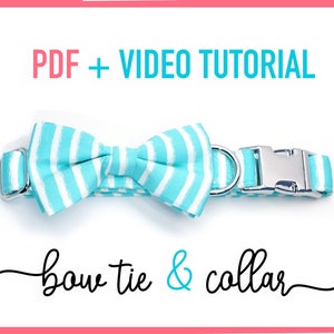 May include: A turquoise and white striped bow tie attached to a silver buckle collar. The text "PDF + VIDEO TUTORIAL" and "bow tie & collar" are written on the image.