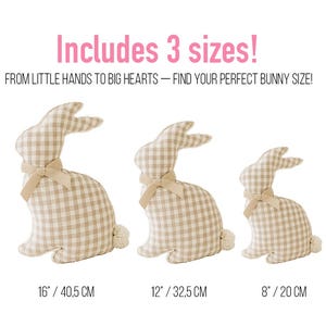 May include: Three plush bunny rabbits in a beige and white gingham pattern with a brown bow. The bunnies are 16 inches, 12 inches, and 8 inches tall.