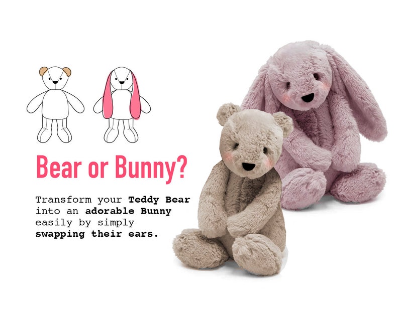 Teddy Bear Pattern and Bunny VIDEO tutorial 3 sizes, rabbit pattern, keepsake bear, image 4