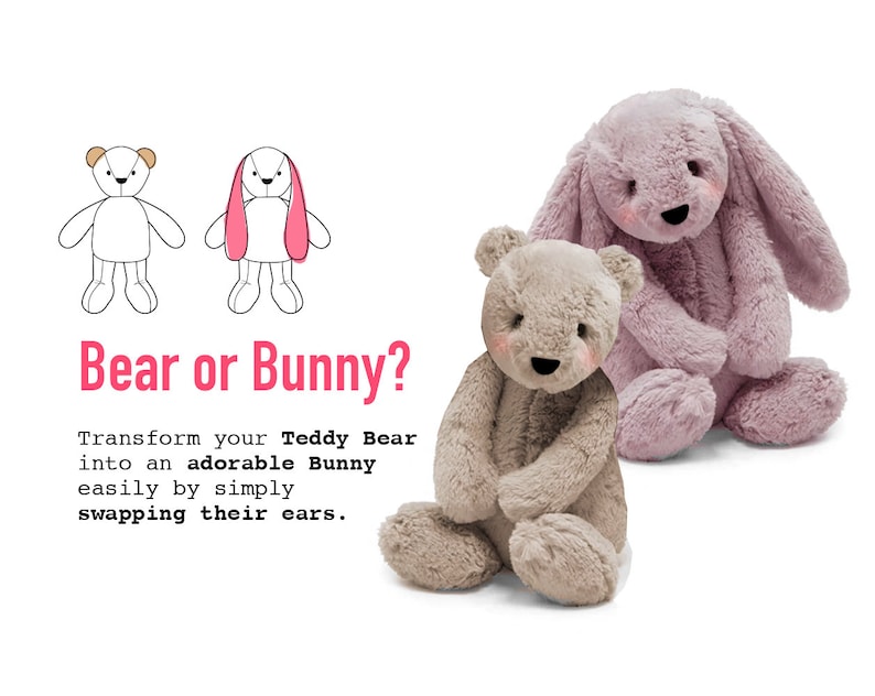 May include: A pink bunny and a beige teddy bear plush toy. The bunny has long floppy ears and the teddy bear has a simple design. The text "Bear or Bunny?" is written in pink letters below the toys. The text below the title reads "Transform your Teddy Bear into an adorable Bunny easily by simply swapping their ears."