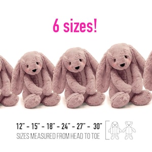 May include: Six plush pink bunny rabbits of different sizes, ranging from 12 inches to 30 inches. The text "6 sizes!" is above the bunnies. The text "12" - 15" - 18" - 24" - 27" - 30" is below the bunnies. The text "SIZES MEASURED FROM HEAD TO TOE" is below the sizes.