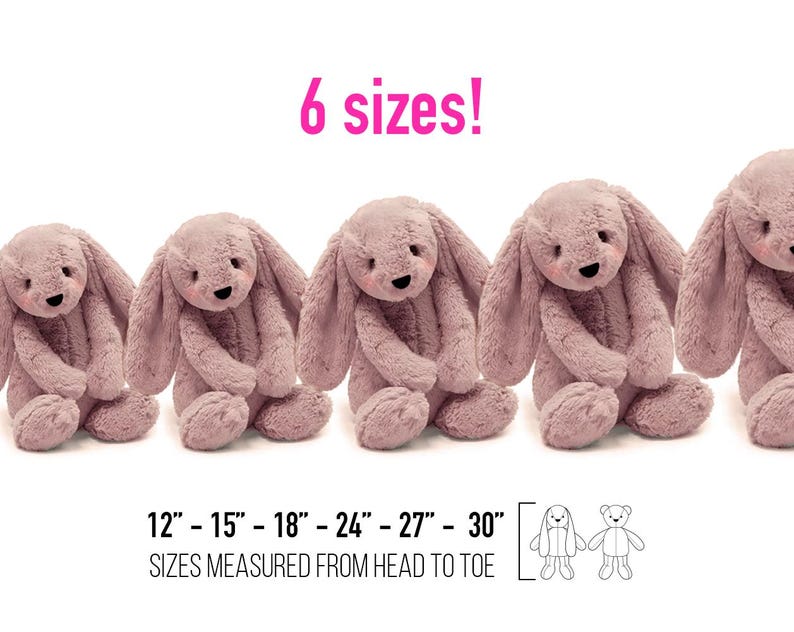 May include: Six plush pink bunny rabbits of different sizes, ranging from 12 inches to 30 inches. The text "6 sizes!" is above the bunnies. The text "12" - 15" - 18" - 24" - 27" - 30" is below the bunnies. The text "SIZES MEASURED FROM HEAD TO TOE" is below the sizes.