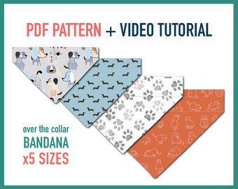 Dog bandana pattern + Tutorial Video Over the collar Dog Bandana x5 sizes - pdf Sewing Pattern, Reversible bandana