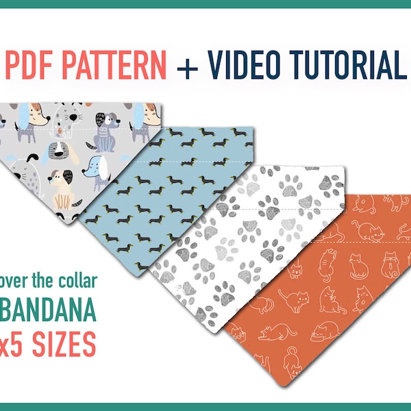 Dog bandana pattern + Tutorial Video Over the collar Dog Bandana x5 sizes - pdf Sewing Pattern, Reversible bandana