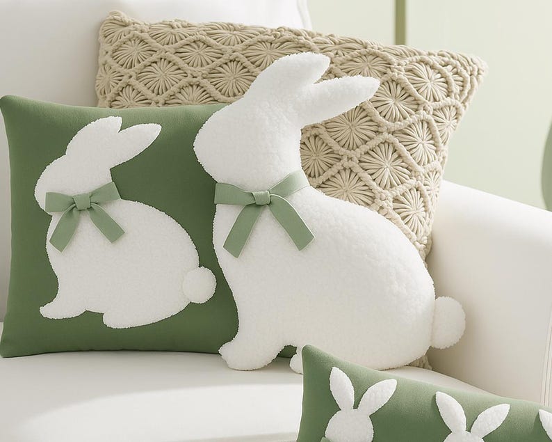 May include: Two plush white bunny pillows with green bows. One bunny pillow is on a green pillow with a white bunny silhouette. The other bunny pillow is on a beige crocheted pillow.