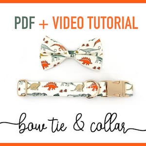 Puede incluir: Una pajarita y un collar blancos con estampado de dinosaurios. La pajarita y el collar están sobre un fondo blanco. El texto "PDF + VIDEO TUTORIAL" y "bow tie & collar" está escrito en negro en la imagen.