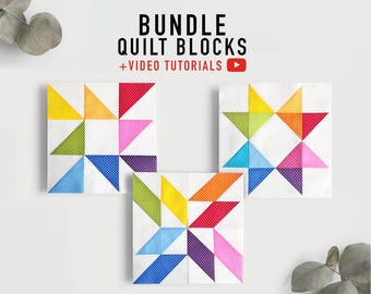 Bundle Colorful Quilt Blocks Pattern, quilting for beginners, Easy quilting