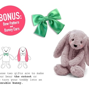 May include: A pink plush bunny with long ears and a white face. The bunny is sitting with its paws crossed. The image also includes a pink circle with the text "BONUS: Bow Pattern and Bonny Ears".