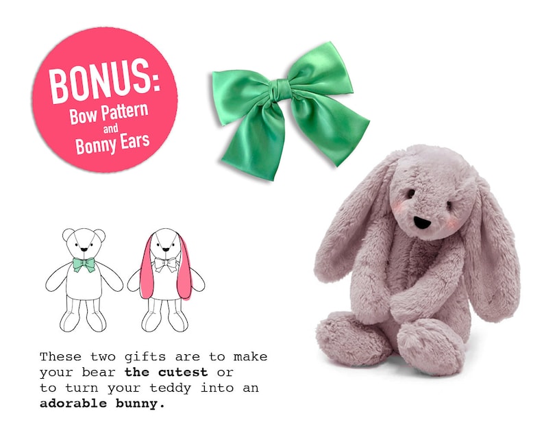 May include: A pink plush bunny with long ears and a white face. The bunny is sitting with its paws crossed. The image also includes a pink circle with the text "BONUS: Bow Pattern and Bonny Ears".
