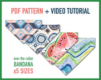 Dog bandana pattern + Tutorial Video Over the collar Dog Bandana x5 sizes - pdf Sewing Pattern, Reversible bandana