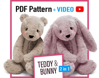 Teddy Bear Pattern and Bunny + VIDEO tutorial - 6 sizes, rabbit pattern, keepsake bear,