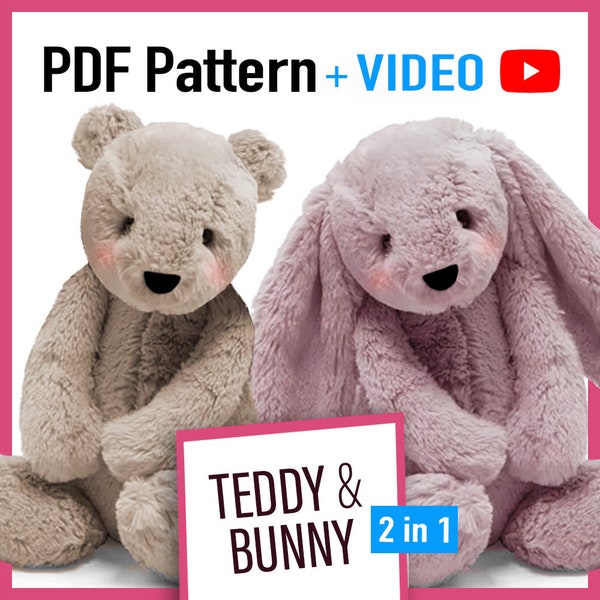 Teddy Bear Pattern and Bunny + VIDEO tutorial - 6 sizes, rabbit pattern, keepsake bear,