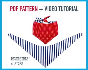 Dog bandana pattern + Tutorial Video Dog Bandana x4 sizes - pdf Sewing Pattern, Reversible bandana, pet gift