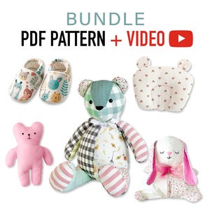 Può includere: Un pacchetto di modelli di cucito PDF e un tutorial video per realizzare un orsacchiotto patchwork, un coniglietto rosa, un paio di scarpine per neonati e un cuscino a forma di cuore.