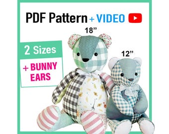 Teddy Bear Pattern and Bunny + VIDEO tutorial - 2 sizes, rabbit pattern, keepsake bear