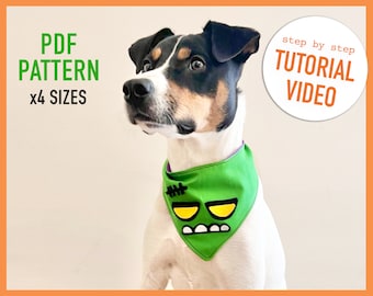 Dog Bandana Pattern + Tutorial Video Halloween Dog Bandana x4 sizes - pdf Sewing Pattern, pet gift, Frankenstein, zombie, custom