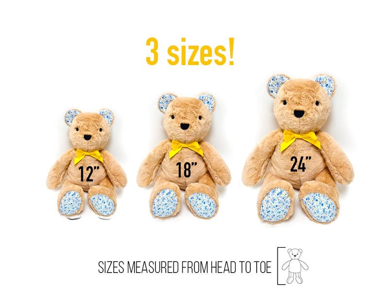 May include: Three plush teddy bears in different sizes, 12 inches, 18 inches, and 24 inches. The bears are brown with yellow ribbon bows and blue floral print on their feet. The text "3 sizes!" is above the bears and "SIZES MEASURED FROM HEAD TO TOE" is below the bears.