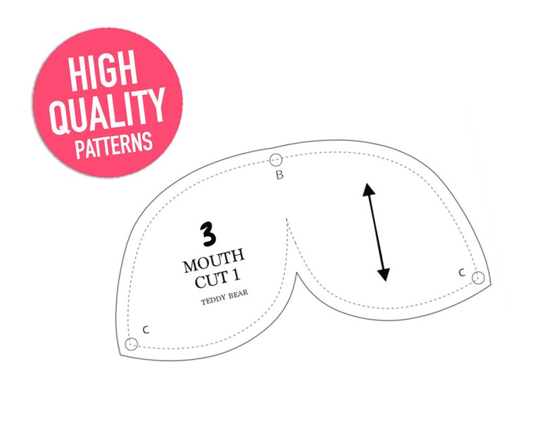 May include: A black and white line drawing pattern for a teddy bear mouth, labeled "3 Mouth Cut 1".