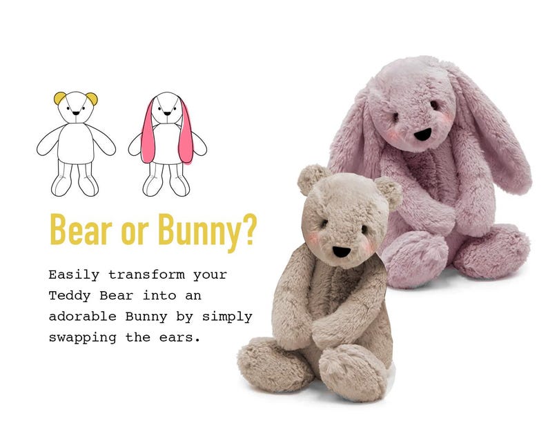 Pu&ograve; includere: Un coniglio rosa e un orso di peluche beige. Il coniglio ha orecchie lunghe ed &egrave; seduto con le zampe incrociate. L'orso &egrave; seduto con le zampe ripiegate. Il testo "Orso o Coniglio?" &egrave; scritto in lettere gialle. Il testo sottostante dice "Trasforma facilmente il tuo orsacchiotto in un adorabile coniglietto semplicemente scambiando le orecchie."