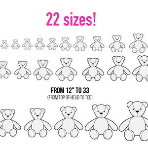 Pu&ograve; includere: Un grafico che mostra 22 dimensioni di sagome di orsacchiotti disposte in file. Il testo recita 22 sizes! e FROM 12" TO 33 (FROM TOP OF HEAD TO TOE). Ogni orso &egrave; un semplice disegno al tratto con testa rotonda, orecchie, braccia e gambe, che mostra la progressione della scala.