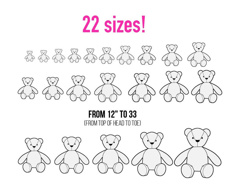 Pu&ograve; includere: Un grafico che mostra 22 dimensioni di sagome di orsacchiotti disposte in file. Il testo recita 22 sizes! e FROM 12" TO 33 (FROM TOP OF HEAD TO TOE). Ogni orso &egrave; un semplice disegno al tratto con testa rotonda, orecchie, braccia e gambe, che mostra la progressione della scala.