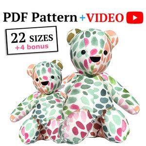 May include: PDF pattern and video tutorial for making a colorful patchwork teddy bear. The pattern includes 22 sizes and 4 bonus patterns.