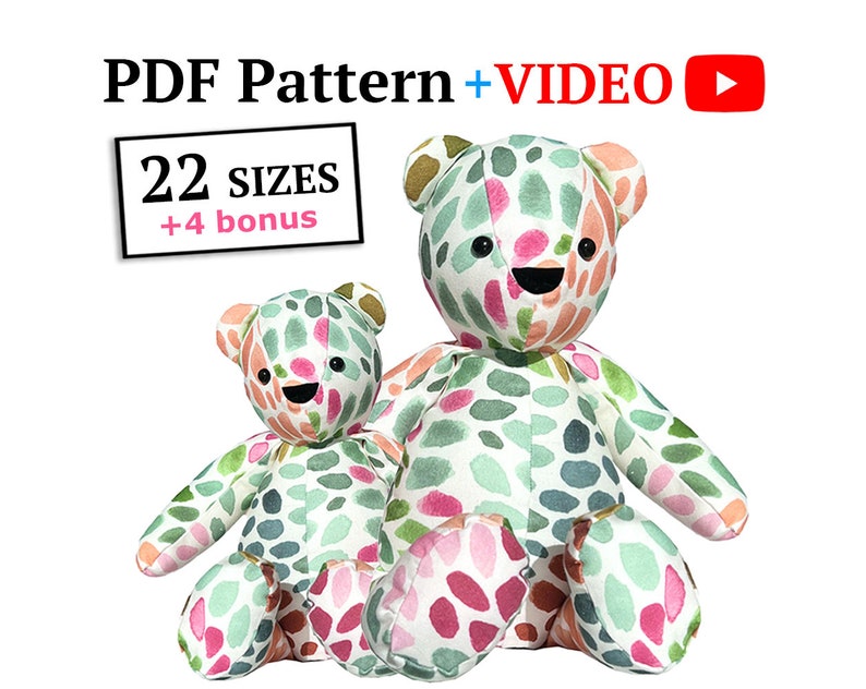 May include: PDF pattern and video tutorial for making a colorful patchwork teddy bear. The pattern includes 22 sizes and 4 bonus patterns.