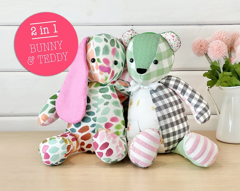 May include: Two handmade plush toys, a green and white checkered teddy bear and a green, pink, and white spotted bunny. The toys are sitting on a wooden surface. The text "2 in 1 BUNNY & TEDDY" is on a pink circle.