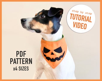 Dog Bandana Pattern + Tutorial Video Halloween Dog Bandana x4 sizes - pdf Sewing Pattern, pet gift, pumpkin, custom