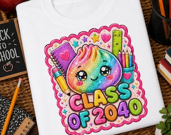 Class of 2040 Rainbow Glitter Dumpling PNG Design, Cute School Supplies Graduation Cap Clipart, Back To School Grow With Me Digital Download