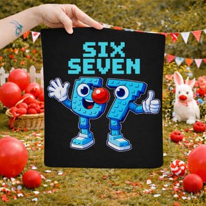 May include: Black tote bag with the words "SIX SEVEN" in light blue. The numbers 6 and 7 are personified with eyes, noses, and limbs. The number 6 is waving, and the number 7 is giving a thumbs up.