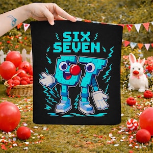 May include: Black tote bag with the words "SIX SEVEN" in teal. The numbers six and seven are designed as cartoon characters with eyes, arms, and legs. The background includes red balloons, a basket of red berries, and a white rabbit.