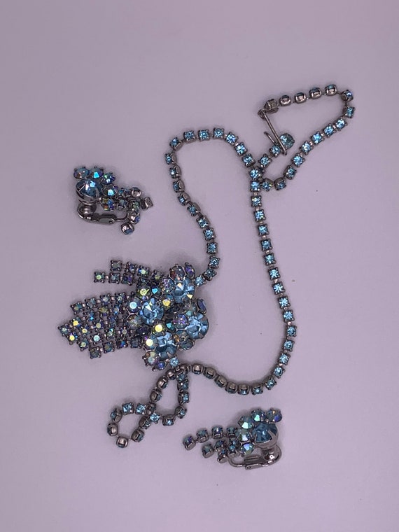 Vintage Blue Rhinestone Necklace and earrings (unm