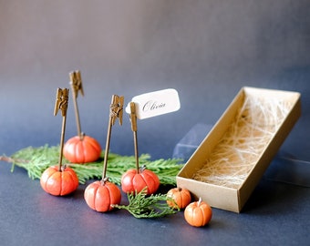 Handmade Paper Pulp Pumpkin Place Card Holders: Thanksgiving Table Decor, Set of 4.