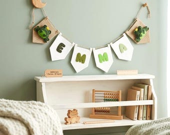 Vilten naambanner met kikkerthema, gepersonaliseerde babynaamslinger; Kinderkamerinrichting.