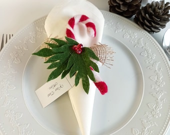 Christmas mistletoe and candy cane napkin ring, place card holder. Custom christmas gift and favor.