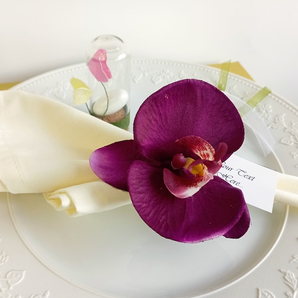 Orchid napkin ring set, place card holder, wedding & party napkins.