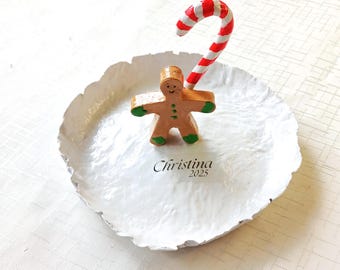 Personalized Christmas Cookie Plate; Gingerbread Candy Cane Dish Made from Recycled Paper Pulp.